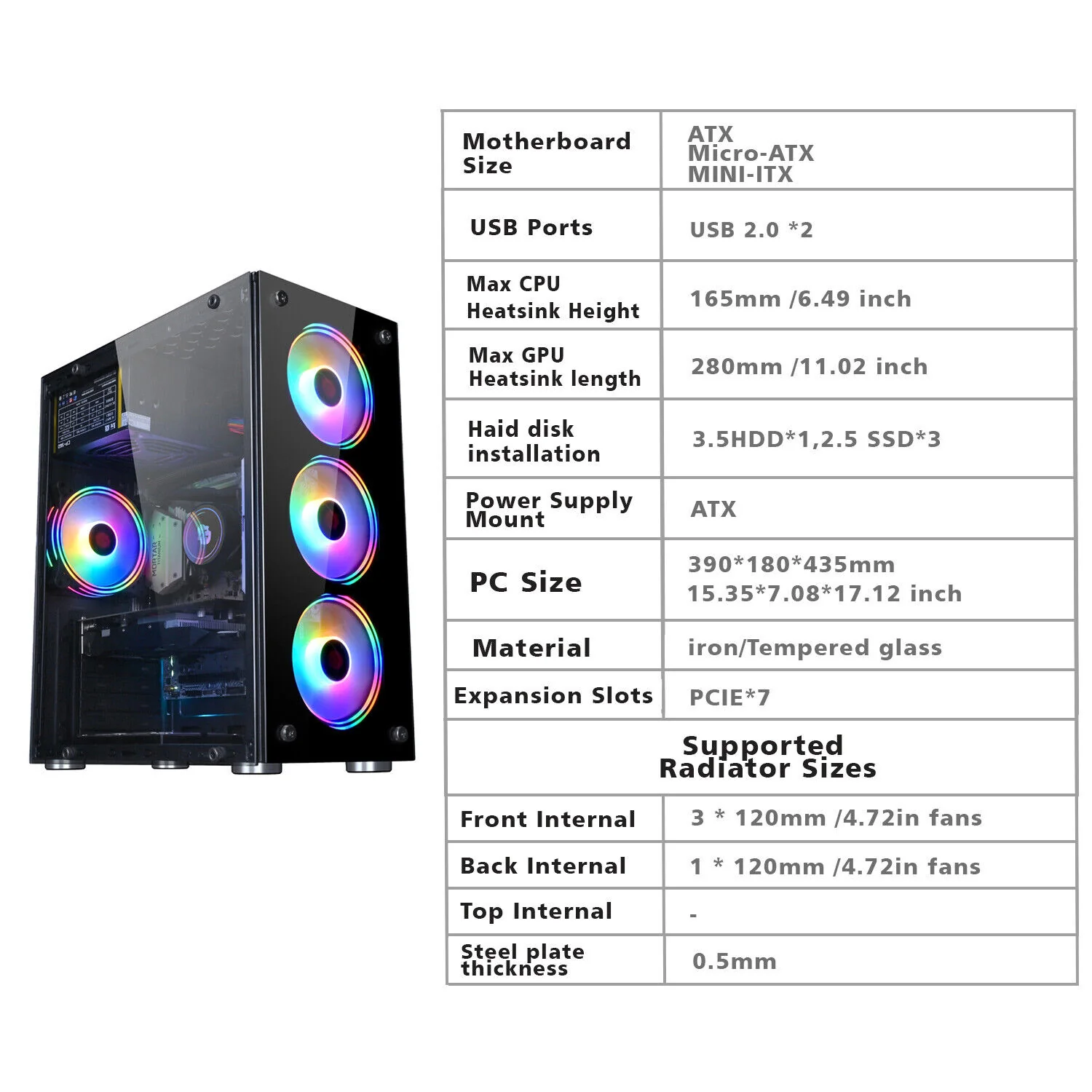 AOK ATX/M-ATX/ITX Gaming PC Desktop Computer Case Black with Side Tempered Glass Panels with 4 Fan Support - Image 7
