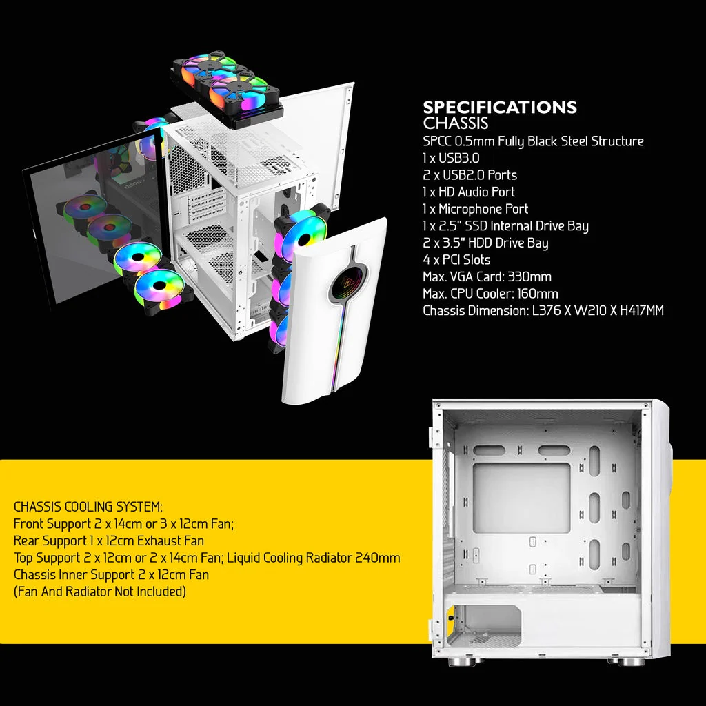 Armaggeddon Tron Holo-3 M-ATX Gaming PC Desktop Computer Case White with Side Tempered Glass Panels with 8 Fan Support (Fans not included) - Image 4