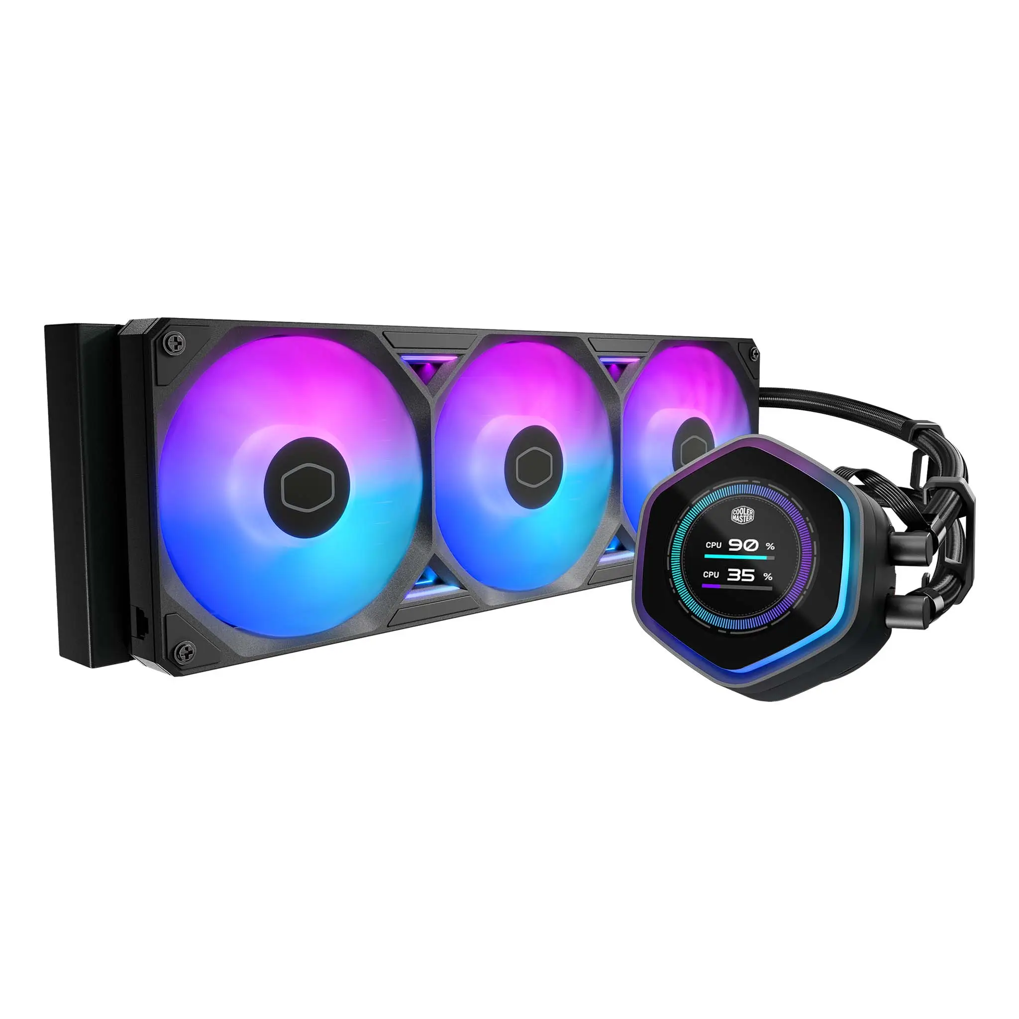 Cooler Master MasterLiquid Atoms II LCD 360mm ARGB Liquid Cooler, SickleFlow Edge ARGB fans, Ultra-low profile pump design, Universal Socket Support, Quick and easy installation, Black | MLX-D36M-A25SZ-L1