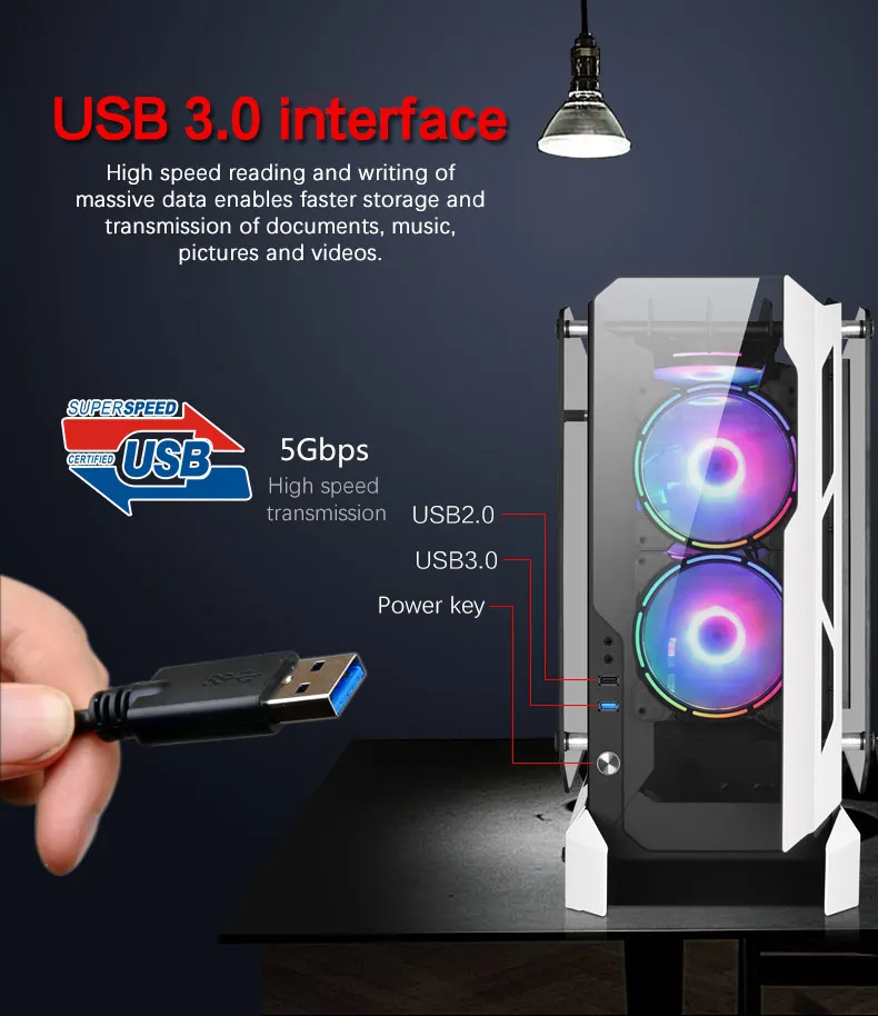 Ark ATX Mid-Tower PC Gaming Case, Non-Closed Case Tempered Glass Panel, 5 x Case Fans Installation Position - Front IO USB 3.0 Port, White - Not Include Fans - Image 6