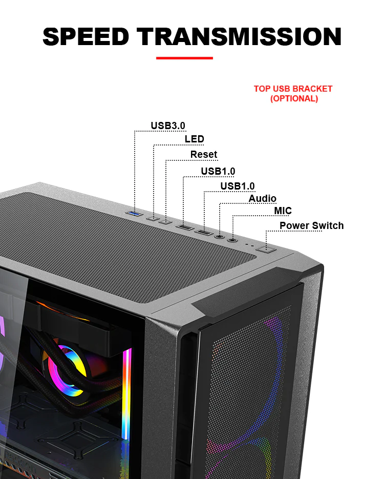 Aurora ATX/M-ATX/ITX Gaming PC Desktop Computer Case Black with Side Tempered Glass Panels with 6 Fan Support - Image 3