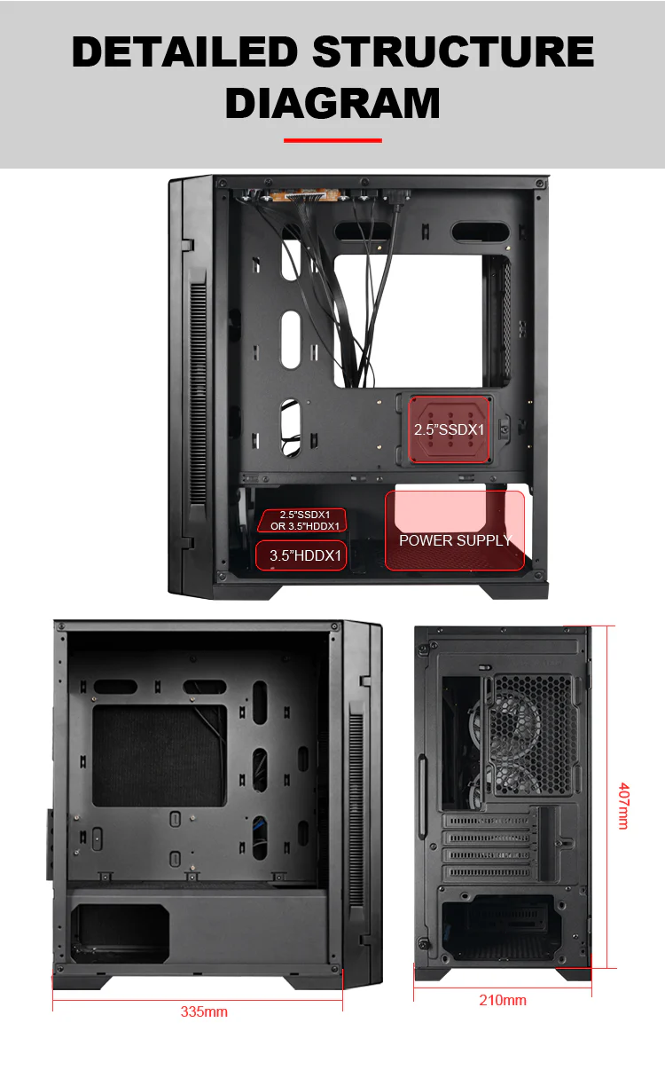 Aurora ATX/M-ATX/ITX Gaming PC Desktop Computer Case Black with Side Tempered Glass Panels with 6 Fan Support - Image 7