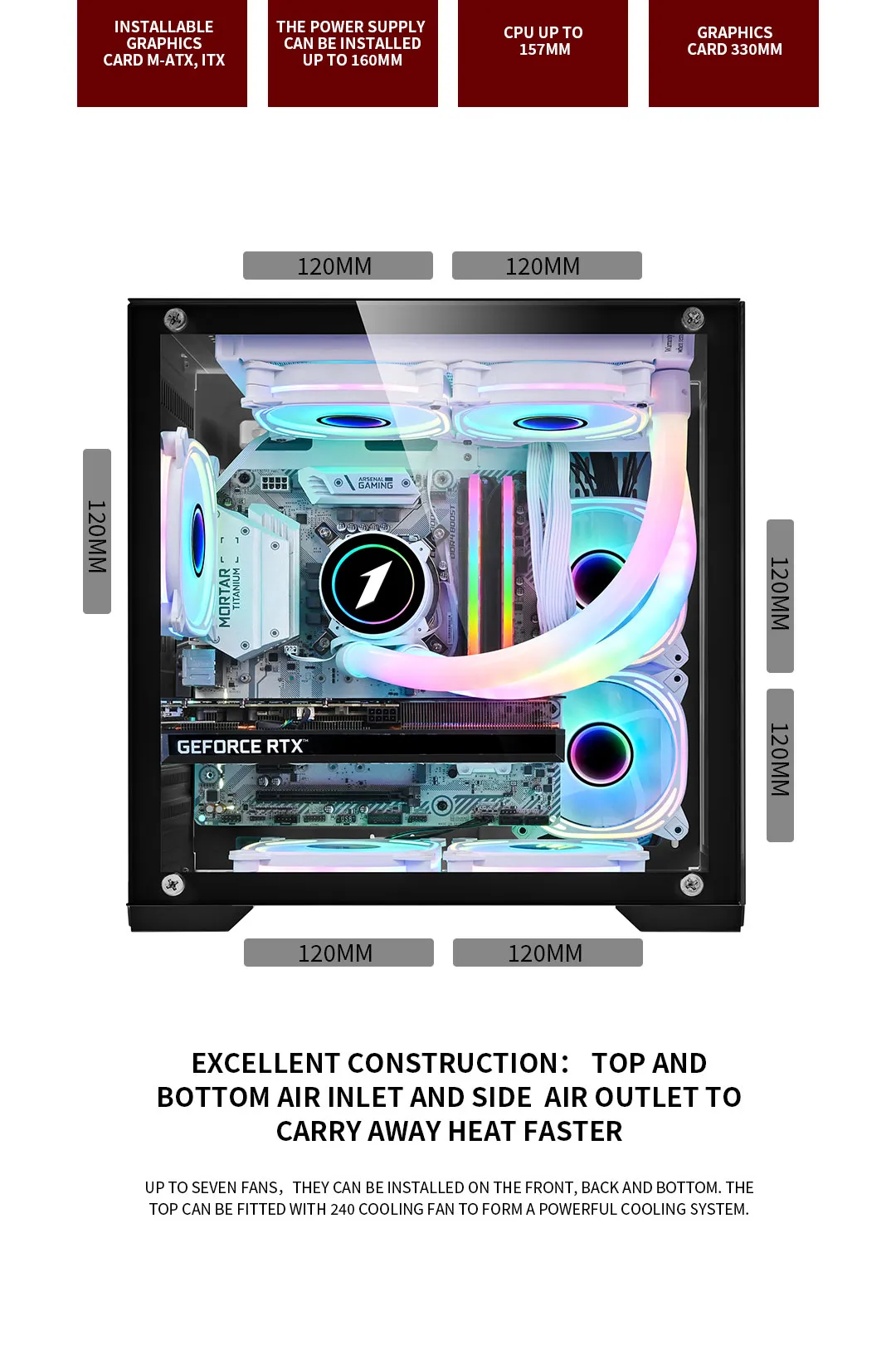 Robin Cube M-ATX/ITX Gaming PC Desktop Computer Case Black with Side Tempered Glass Panels with 7 Fan Support (Fans not including) - Image 2