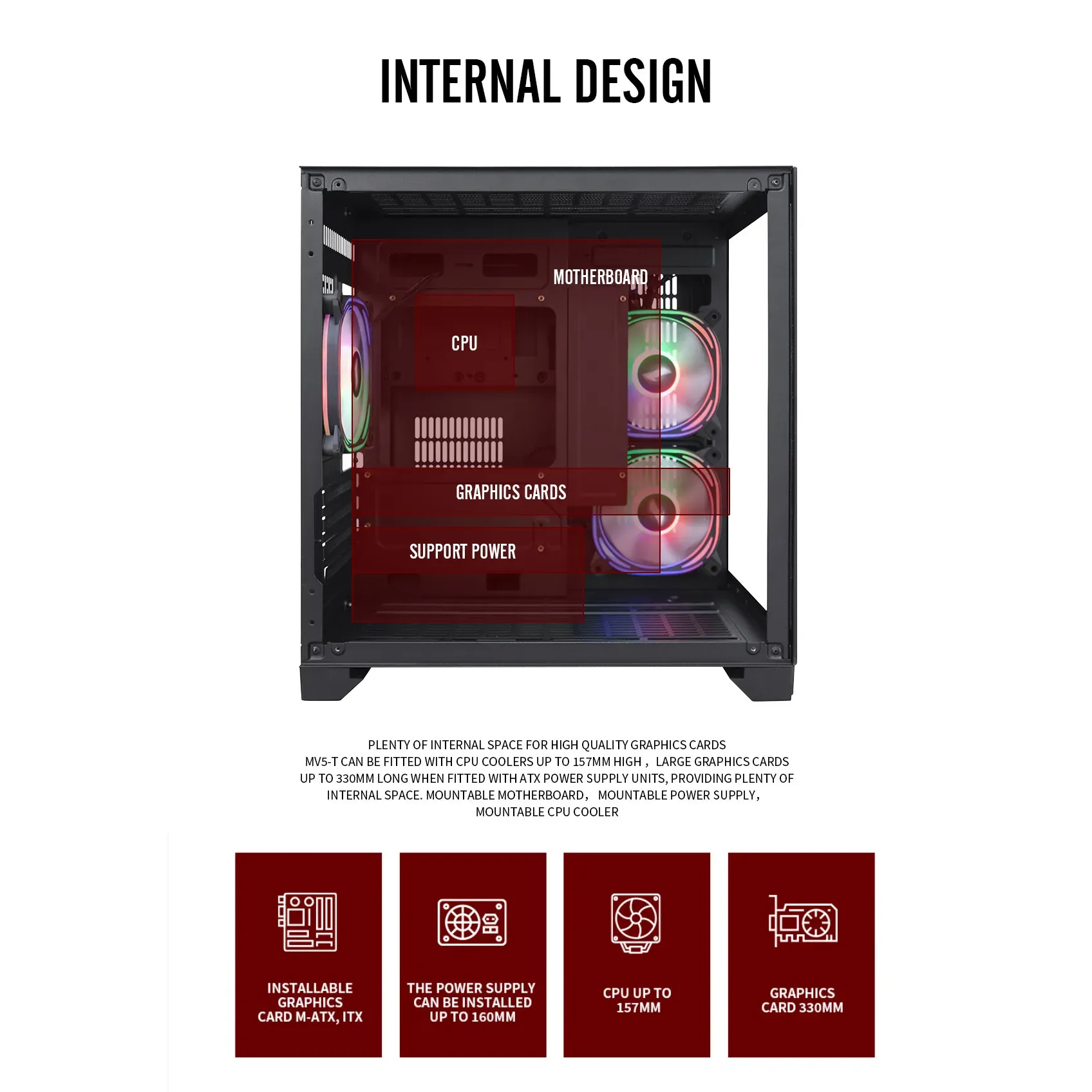 Robin Cube M-ATX/ITX Gaming PC Desktop Computer Case Black with Side Tempered Glass Panels with 7 Fan Support (Fans not including) - Image 3