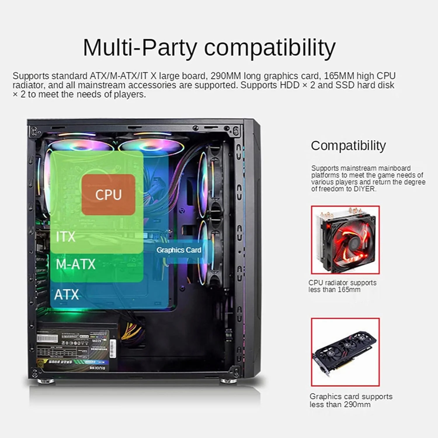 EVESKY ATX/M-ATX/ITX Gaming PC Desktop Computer Case Black with Side Tempered Glass Panels with 5 Fan Support - Image 8