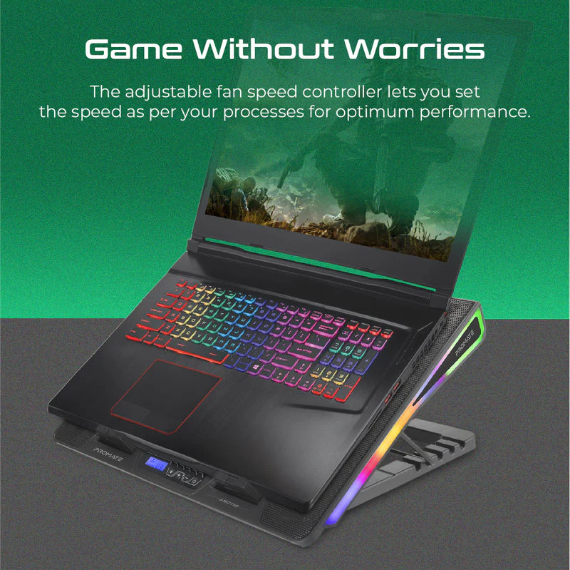 Vertux Arctic Portable Height Adjustable RGB Gaming Cooling Pad, Foldable 17 Inch Laptop Cooler Fan Stand, Small LCD Screen, Dual USB Port, Built-In Controls & Smart LED, Black - Image 5
