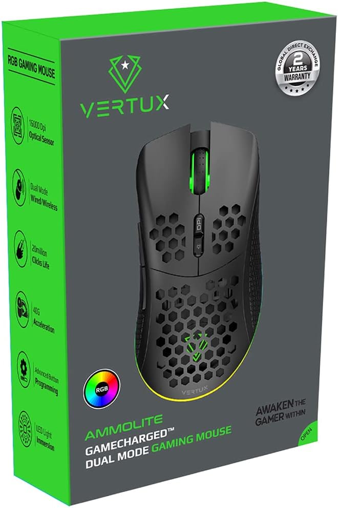 Vertux Ammolite Wireless Gaming Mouse | Honeycomb Design | Up to 16000 DPI | [2 Years-Warranty] 40G Optical Sensor | Long Gameplay Ergonomic Mouse | RGB Backlight Mouse | 20 Million Clicks- Black - Image 8