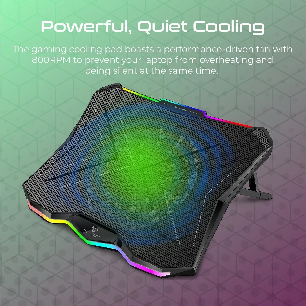 Vertux Glare Quiet RGB Cooling Laptop Stand With Rainbow LED Lights, Fan Speed -800RPM ± 10％, Fan Airflow -47CFM, Fan Noise -22dB, With Multi Height Adjustment | VE.GLARE.NC - Image 3