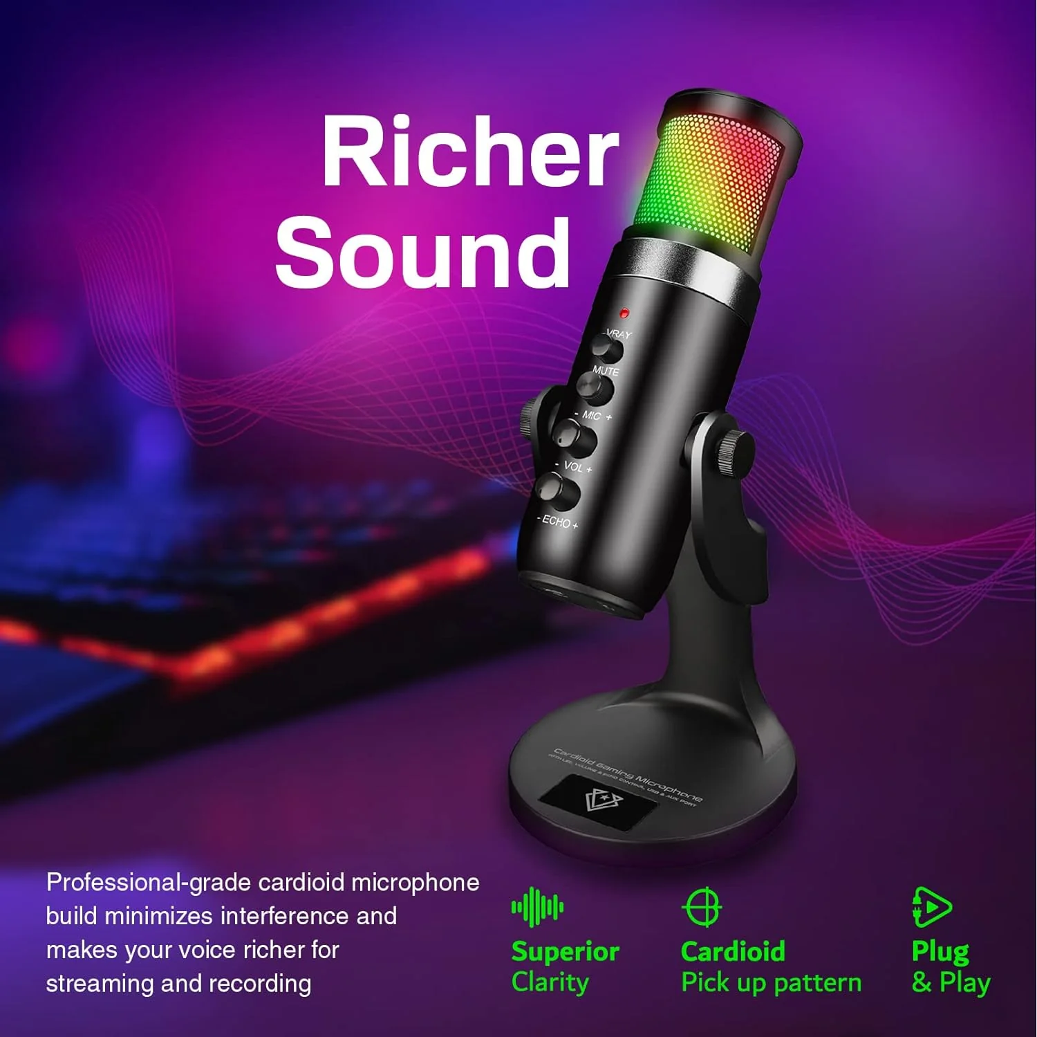 Vertux Unidirectional Hyper Sensitive Cardioid Gaming Microphone USB Condenser Gaming Microphone | [2 Years-Warranty] PC, PS4 and Mac | Multi LED Light Effect - Black - Image 4