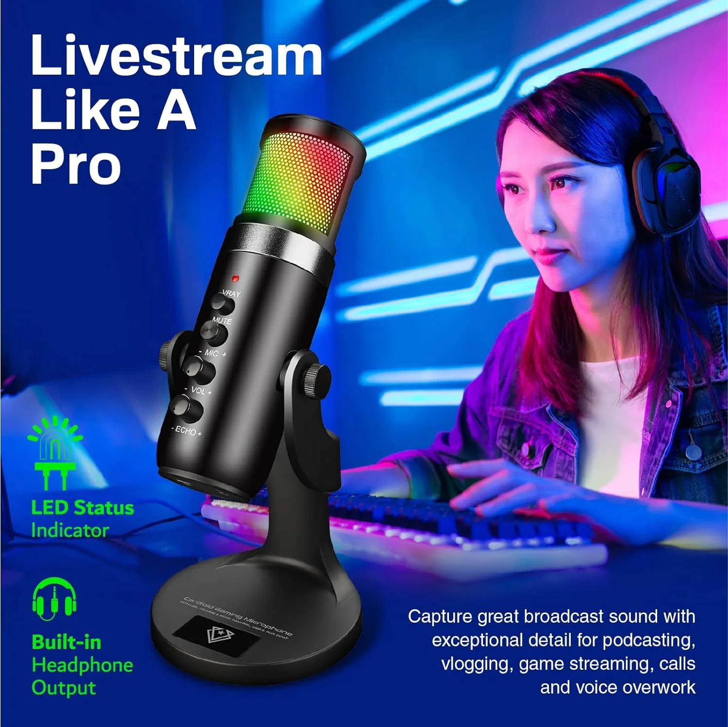 Vertux Unidirectional Hyper Sensitive Cardioid Gaming Microphone USB Condenser Gaming Microphone | [2 Years-Warranty] PC, PS4 and Mac | Multi LED Light Effect - Black - Image 6