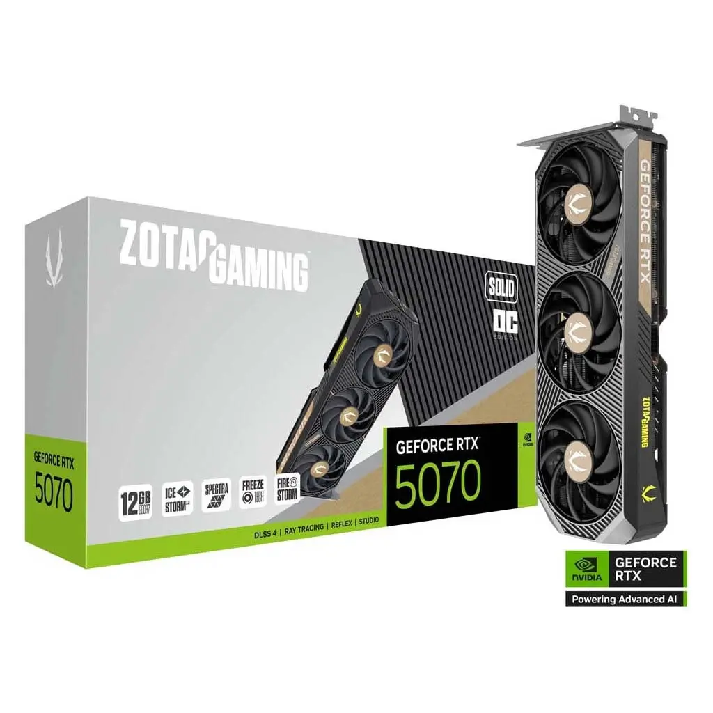 ZOTAC GAMING GeForce RTX 5070 SOLID OC Graphics Card, 12GB GDDR7, 192-Bit Memory, 28 Gbps Memory Clock, 2542 MHz Engine Clock, 6144 CUDA Cores, PCI Express 5.0 x16 | ZT-B50700J-10P